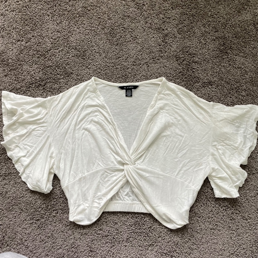 American Eagle Crop Top Boho Flutter Sleeve Twist Front